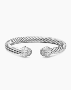 Classic Cable Bracelet Sterling Silver with Pavé Diamond Domes, 7mm