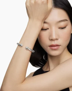 Classic Cable Bracelet Sterling Silver with Pavé Diamond Domes, 7mm
