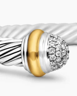 Classic Cable Bracelet Sterling Silver with 18K Yellow Gold and Pavé Diamond Domes, 7mm