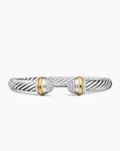 Classic Cable Bracelet Sterling Silver with 18K Yellow Gold and Pavé Diamond Domes, 7mm