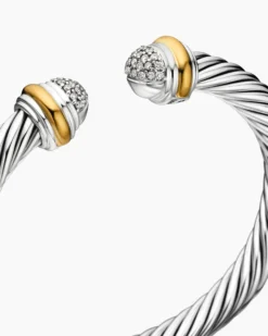 Classic Cable Bracelet Sterling Silver with 18K Yellow Gold and Pavé Diamond Domes, 7mm