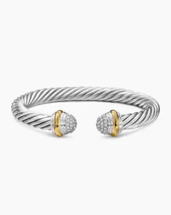 Classic Cable Bracelet Sterling Silver with 18K Yellow Gold and Pavé Diamond Domes, 7mm