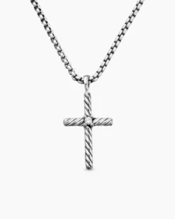 Classic Cable Cross Necklace Sterling Silver with Center Diamond, 24.3mm