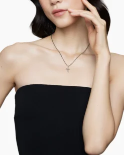 Classic Cable Cross Necklace Sterling Silver with Center Diamond, 24.3mm