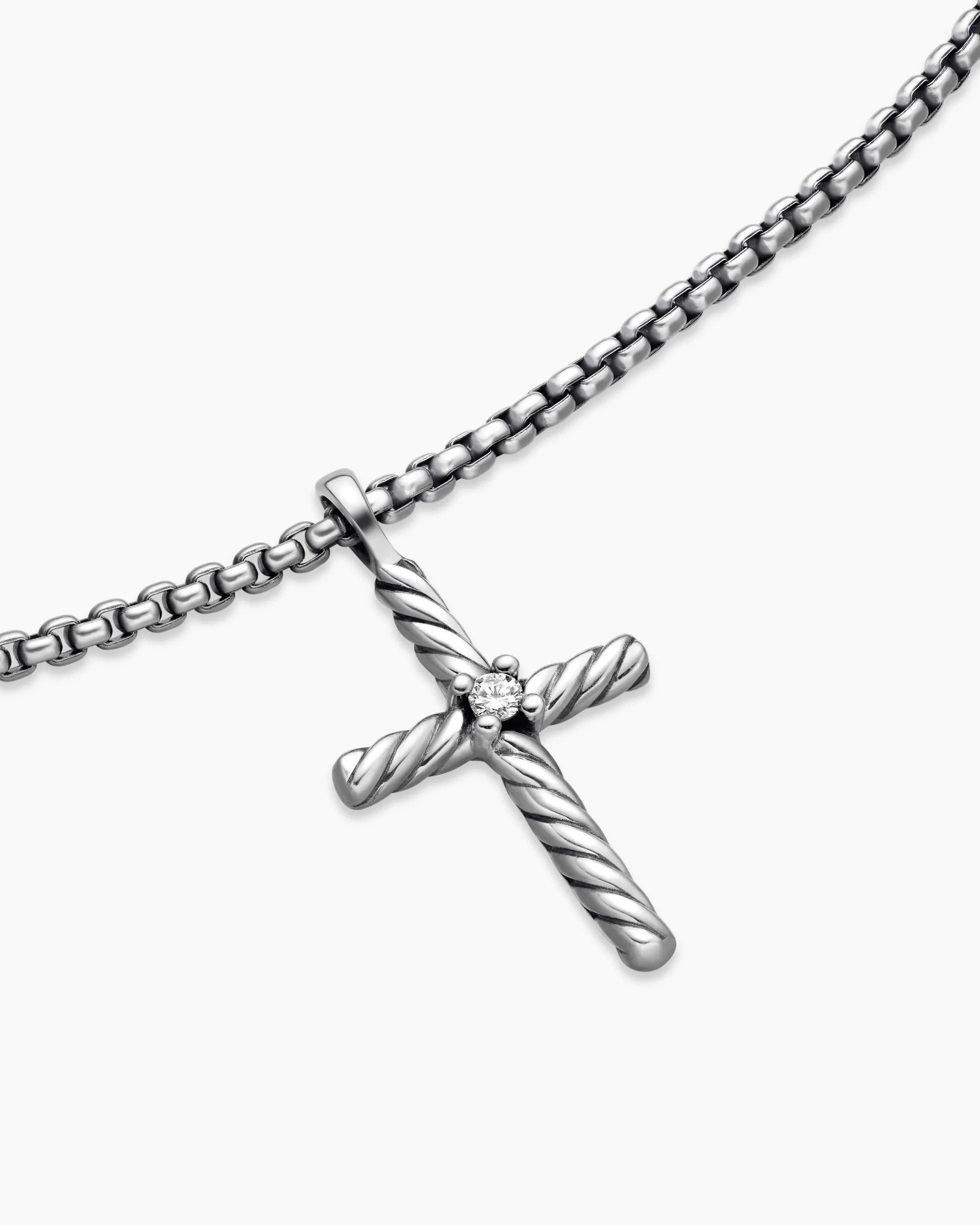 Classic Cable Cross Necklace Sterling Silver with Center Diamond, 24.3mm