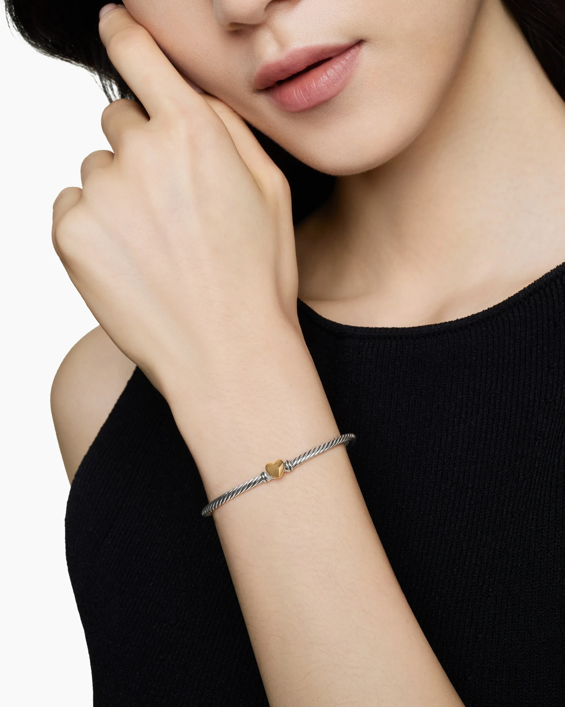 Classic Cable Heart Station Bracelet Sterling Silver with 18K Yellow Gold, 3mm