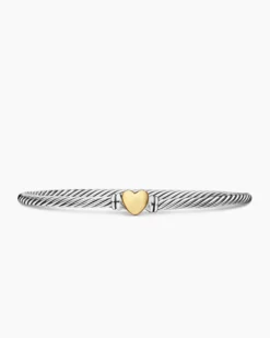 Classic Cable Heart Station Bracelet Sterling Silver with 18K Yellow Gold, 3mm