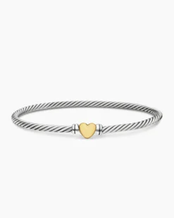 Classic Cable Heart Station Bracelet Sterling Silver with 18K Yellow Gold, 3mm