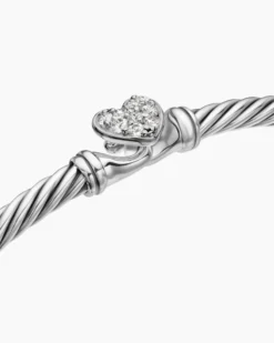 Classic Cable Heart Station Bracelet Sterling Silver with Pavé Diamonds, 3mm