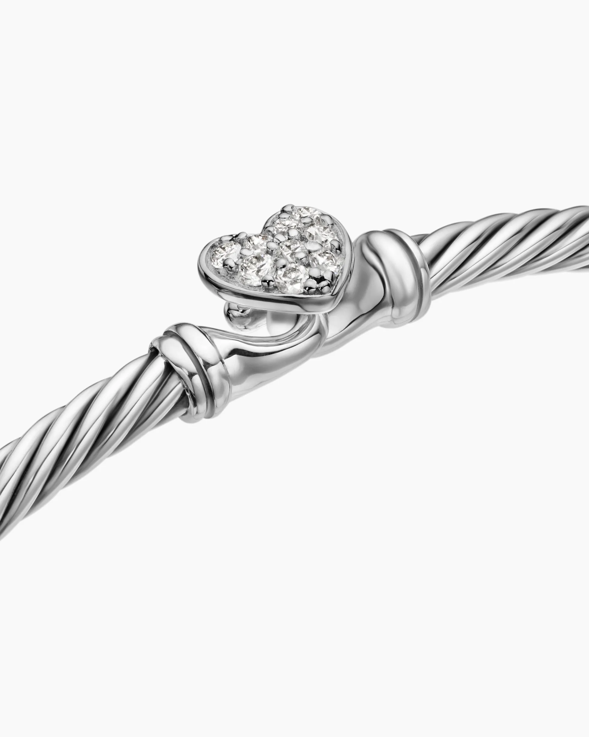 Classic Cable Heart Station Bracelet Sterling Silver with Pavé Diamonds, 3mm