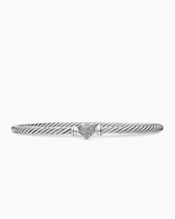 Classic Cable Heart Station Bracelet Sterling Silver with Pavé Diamonds, 3mm