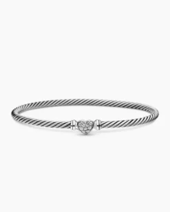 Classic Cable Heart Station Bracelet Sterling Silver with Pavé Diamonds, 3mm