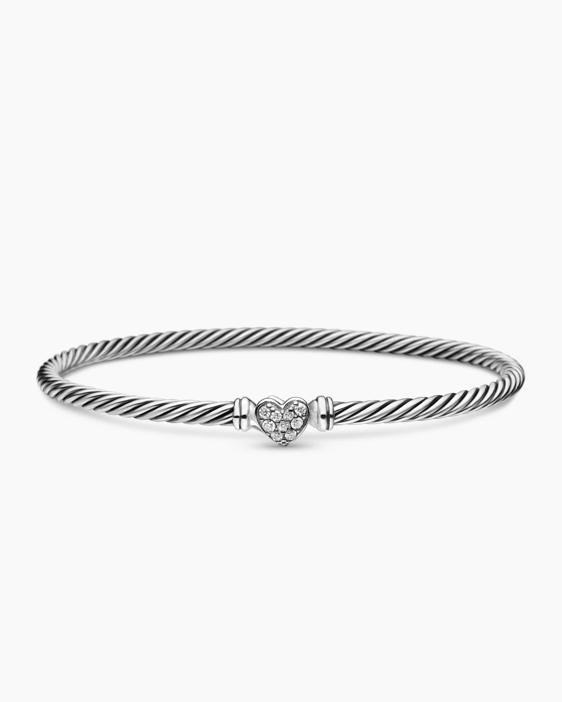 Classic Cable Heart Station Bracelet Sterling Silver with Pavé Diamonds, 3mm