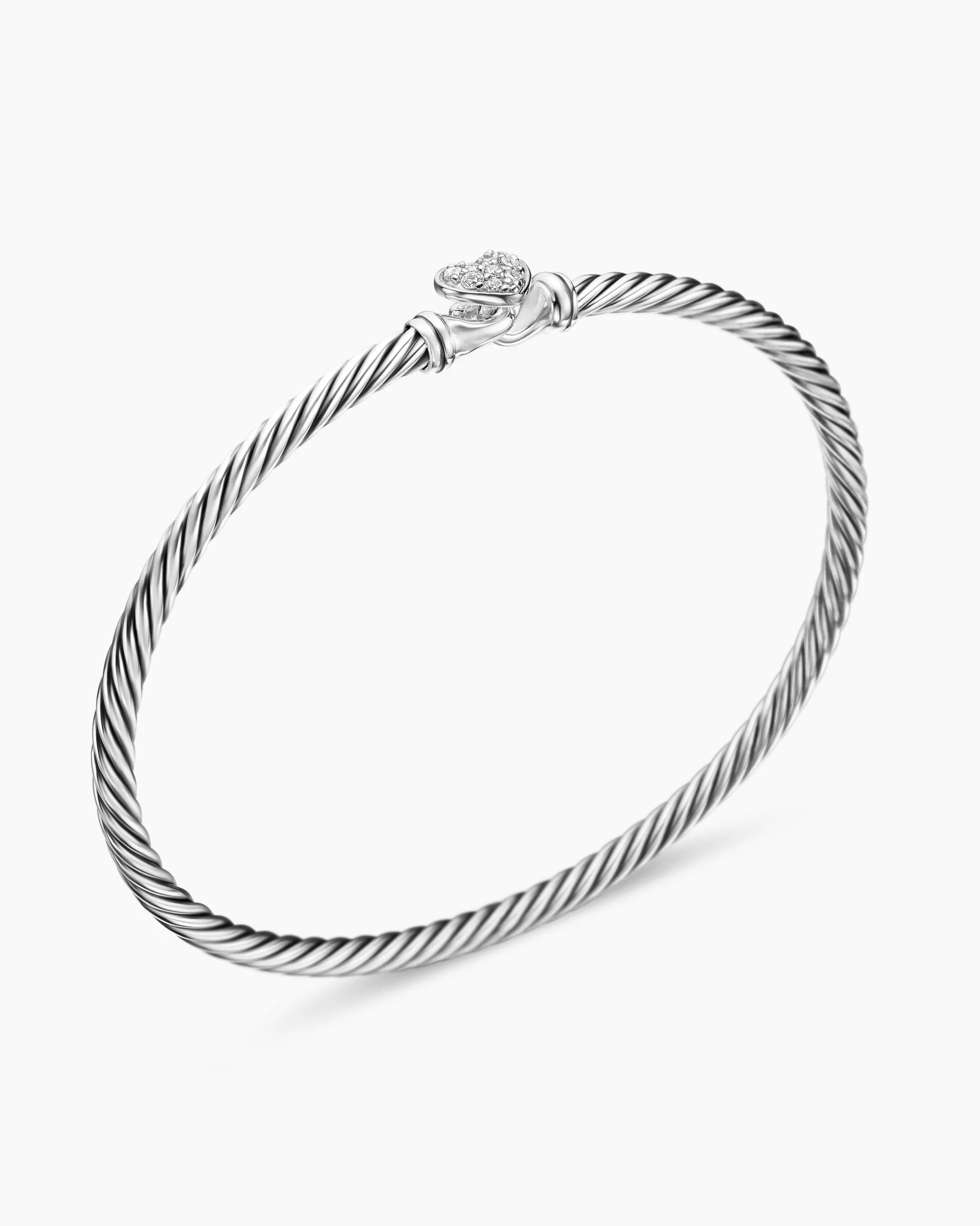 Classic Cable Heart Station Bracelet Sterling Silver with Pavé Diamonds, 3mm