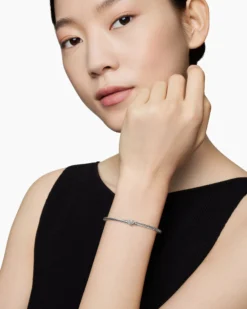 Classic Cable Heart Station Bracelet Sterling Silver with Pavé Diamonds, 3mm
