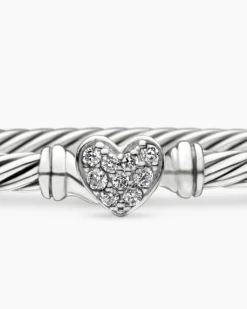 Classic Cable Heart Station Bracelet Sterling Silver with Pavé Diamonds, 3mm