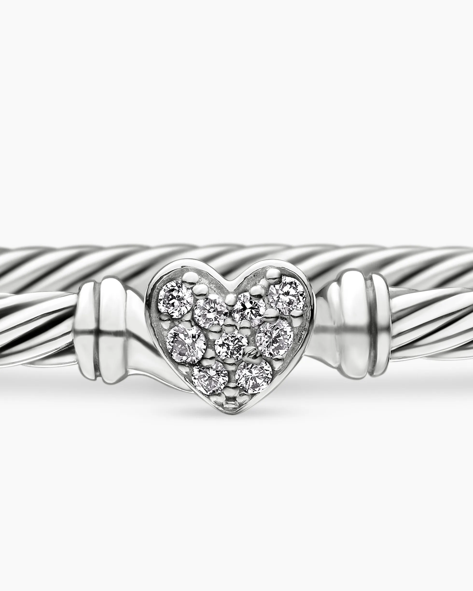 Classic Cable Heart Station Bracelet Sterling Silver with Pavé Diamonds, 3mm