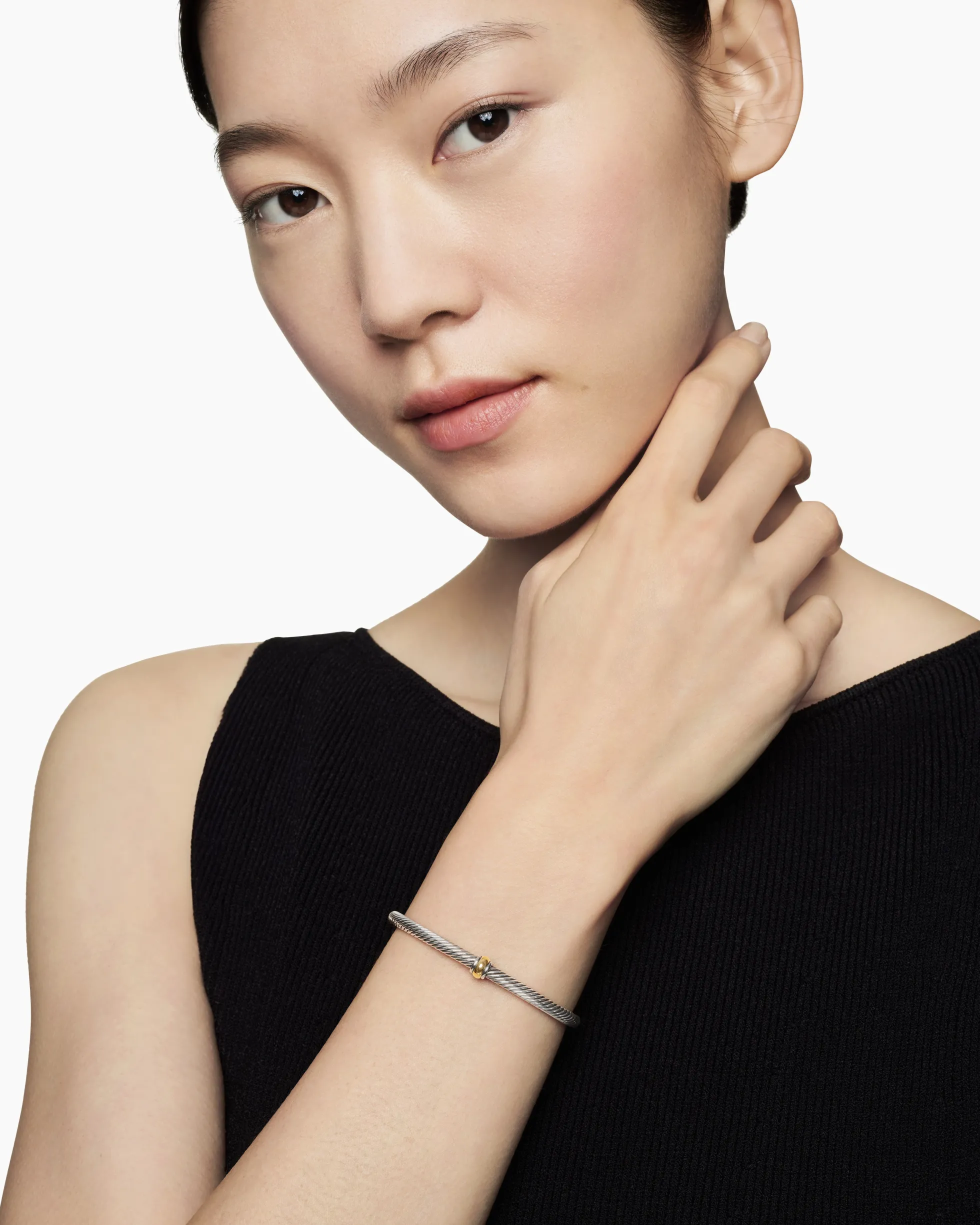 Classic Cable Station Bracelet Sterling Silver with 18K Yellow Gold, 4mm