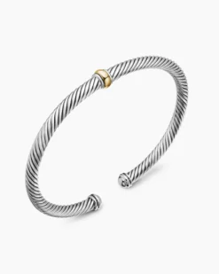 Classic Cable Station Bracelet Sterling Silver with 18K Yellow Gold, 4mm