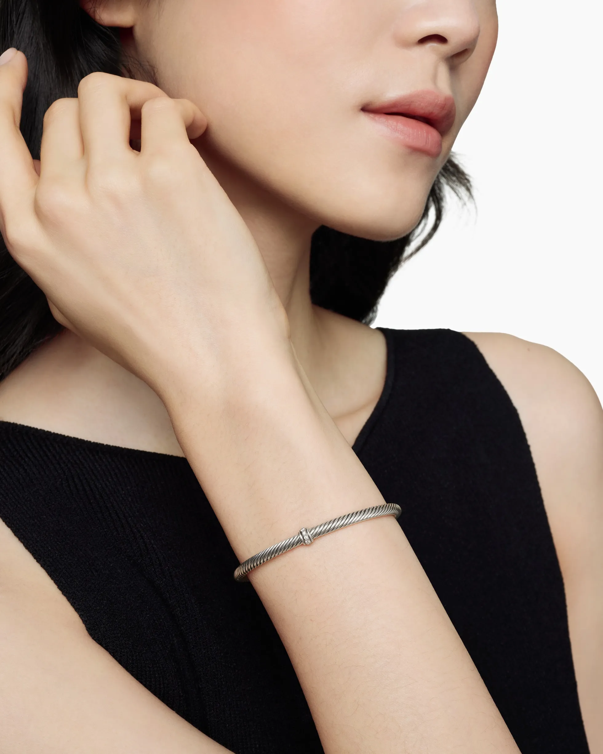 Classic Cable Station Bracelet Sterling Silver with Diamonds, 4mm