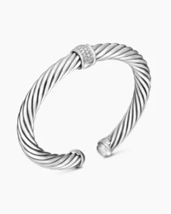 Classic Cable Station Bracelet Sterling Silver with Pavé Diamonds, 7mm