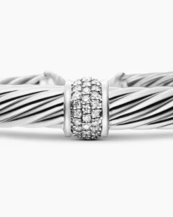 Classic Cable Station Bracelet Sterling Silver with Pavé Diamonds, 7mm