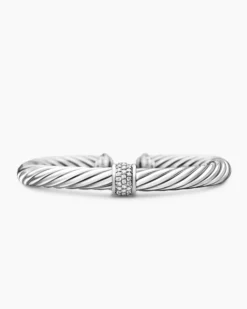 Classic Cable Station Bracelet Sterling Silver with Pavé Diamonds, 7mm