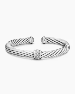 Classic Cable Station Bracelet Sterling Silver with Pavé Diamonds, 7mm