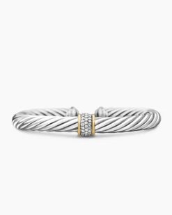 Classic Cable Station Bracelet Sterling Silver with 18K Yellow Gold and Pavé Diamonds, 7mm