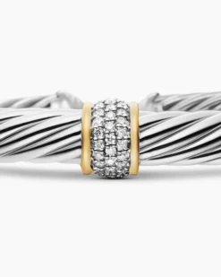 Classic Cable Station Bracelet Sterling Silver with 18K Yellow Gold and Pavé Diamonds, 7mm