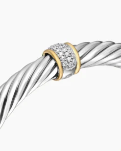 Classic Cable Station Bracelet Sterling Silver with 18K Yellow Gold and Pavé Diamonds, 7mm