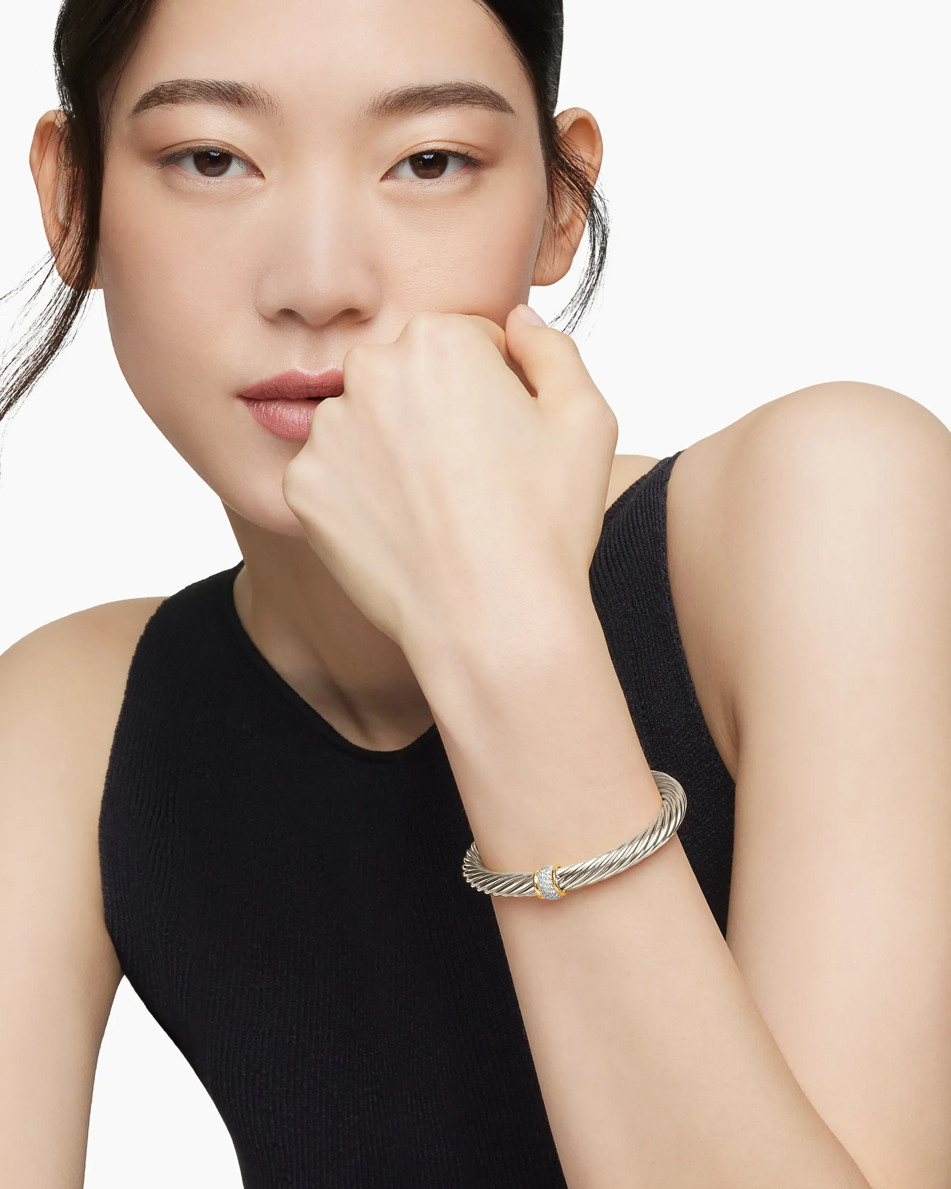 Classic Cable Station Bracelet Sterling Silver with 18K Yellow Gold and Pavé Diamonds, 7mm