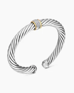 Classic Cable Station Bracelet Sterling Silver with 18K Yellow Gold and Pavé Diamonds, 7mm