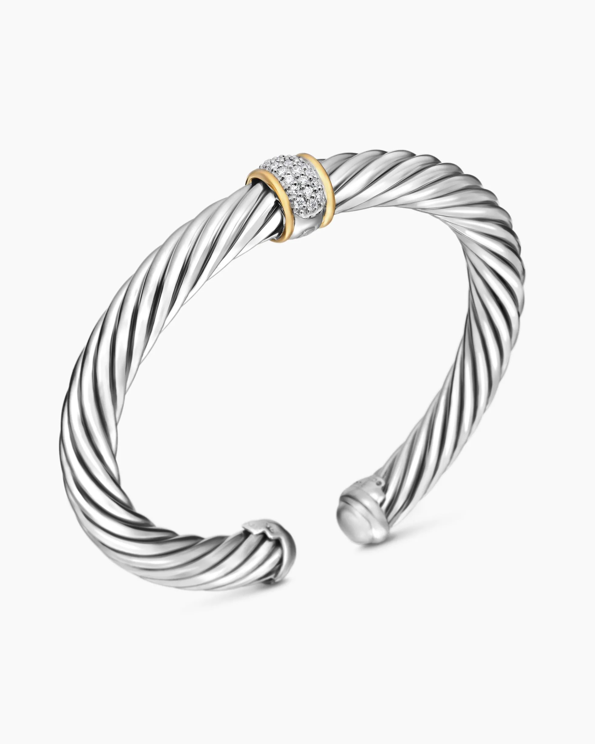 Classic Cable Station Bracelet Sterling Silver with 18K Yellow Gold and Pavé Diamonds, 7mm