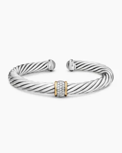 Classic Cable Station Bracelet Sterling Silver with 18K Yellow Gold and Pavé Diamonds, 7mm