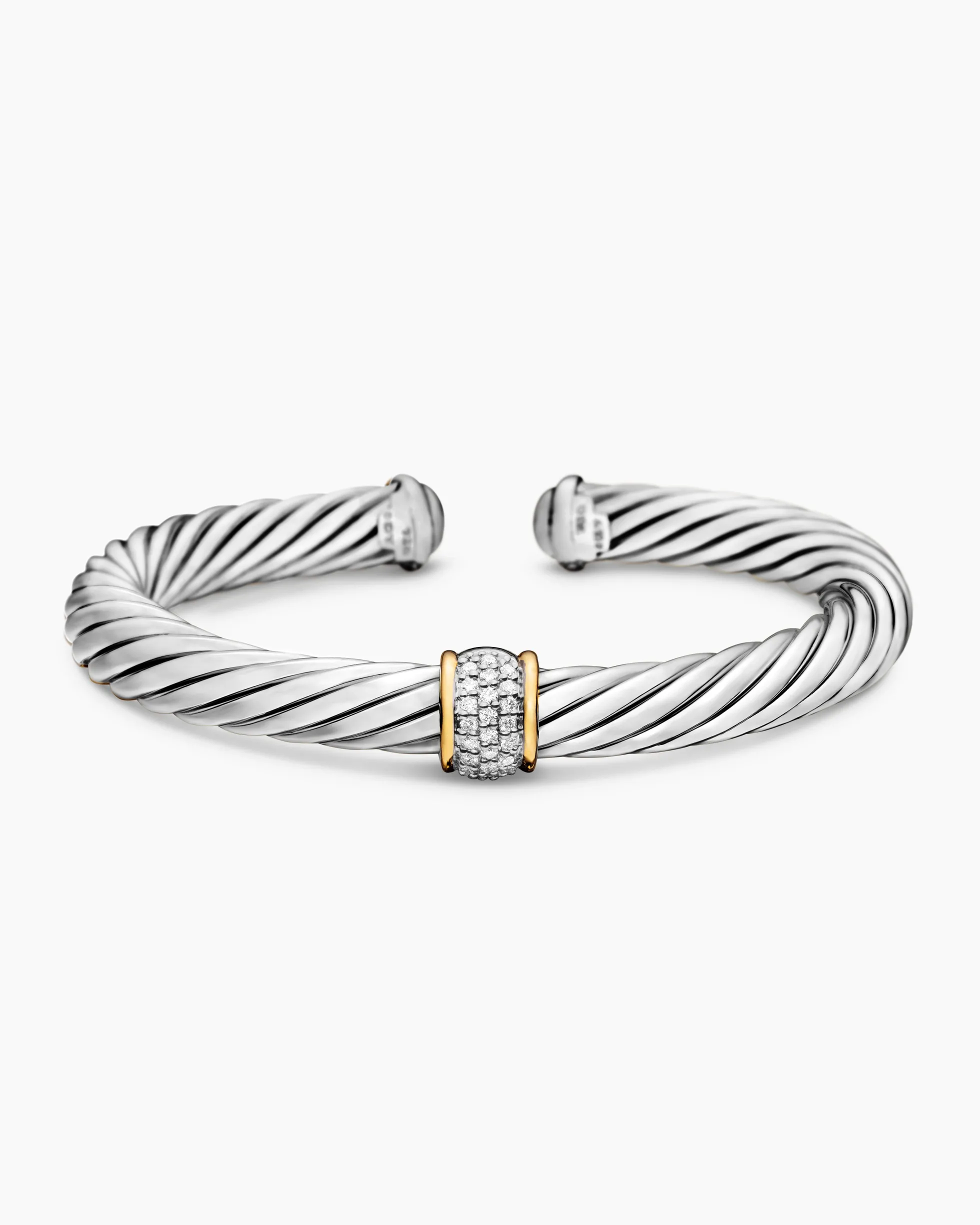 Classic Cable Station Bracelet Sterling Silver with 18K Yellow Gold and Pavé Diamonds, 7mm