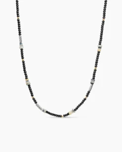 Color Bead Necklace Sterling Silver with 18K Yellow Gold Accents, Black Onyx and Opal, 4mm
