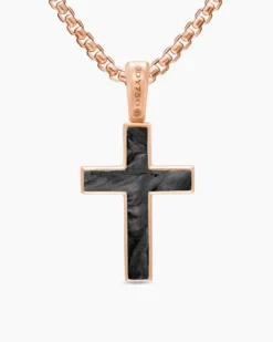 Cross Amulet 18K Rose Gold with Forged Carbon, 24mm