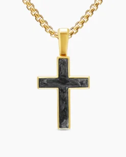Cross Amulet 18K Yellow Gold with Forged Carbon, 24mm