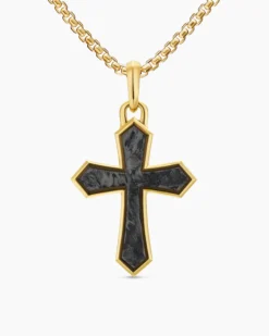 Cross Amulet 18K Yellow Gold with Forged Carbon, 28mm