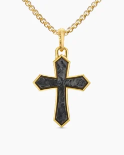 Cross Amulet 18K Yellow Gold with Forged Carbon, 28mm