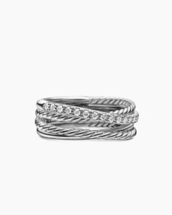 Crossover Band Ring Sterling Silver with Diamonds, 6.8mm