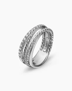 Crossover Band Ring Sterling Silver with Diamonds, 6.8mm
