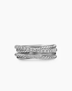 Crossover Band Ring Sterling Silver with Diamonds, 6.8mm
