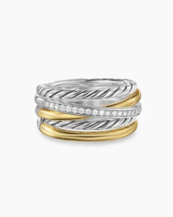 Crossover Five Row Ring Sterling Silver with 18K Yellow Gold and Diamonds, 11mm