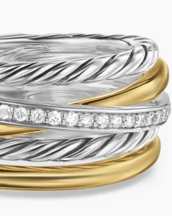 Crossover Five Row Ring Sterling Silver with 18K Yellow Gold and Diamonds, 11mm