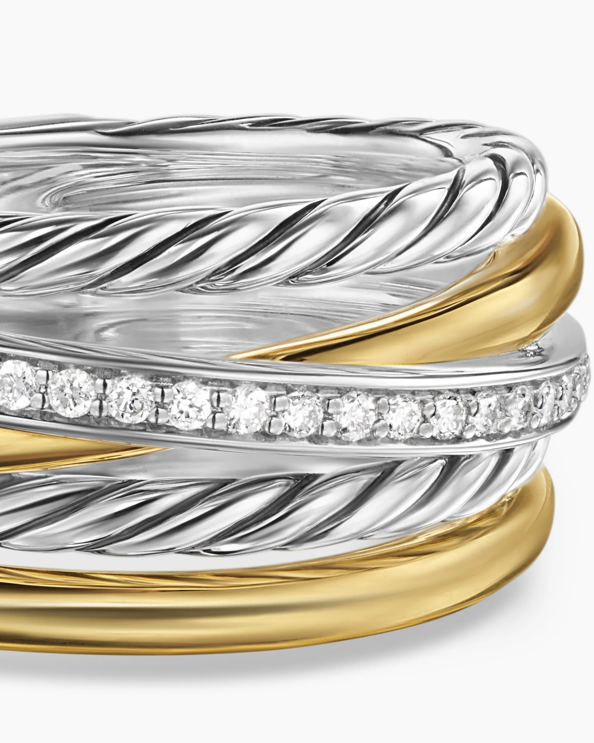 Crossover Five Row Ring Sterling Silver with 18K Yellow Gold and Diamonds, 11mm