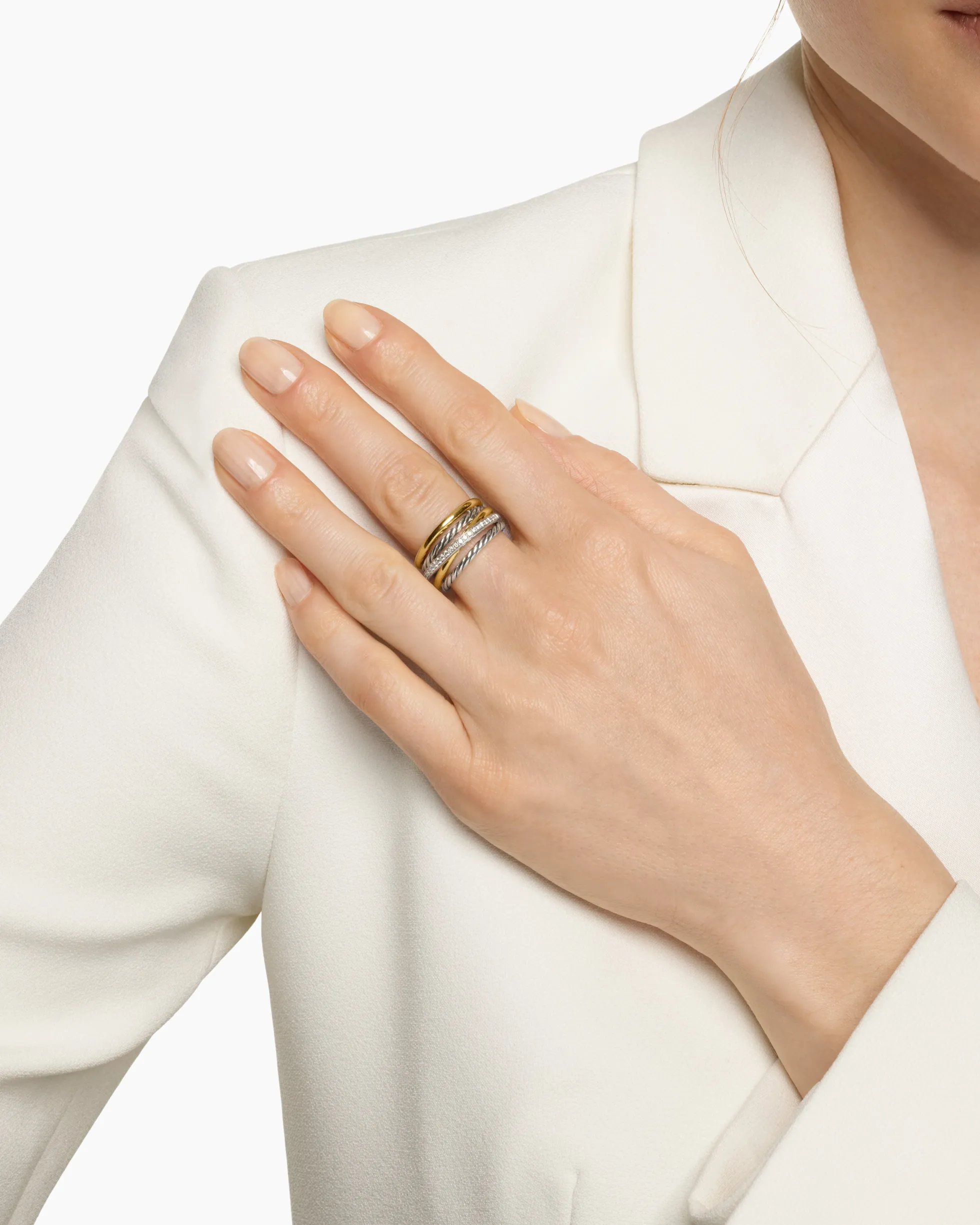 Crossover Five Row Ring Sterling Silver with 18K Yellow Gold and Diamonds, 11mm