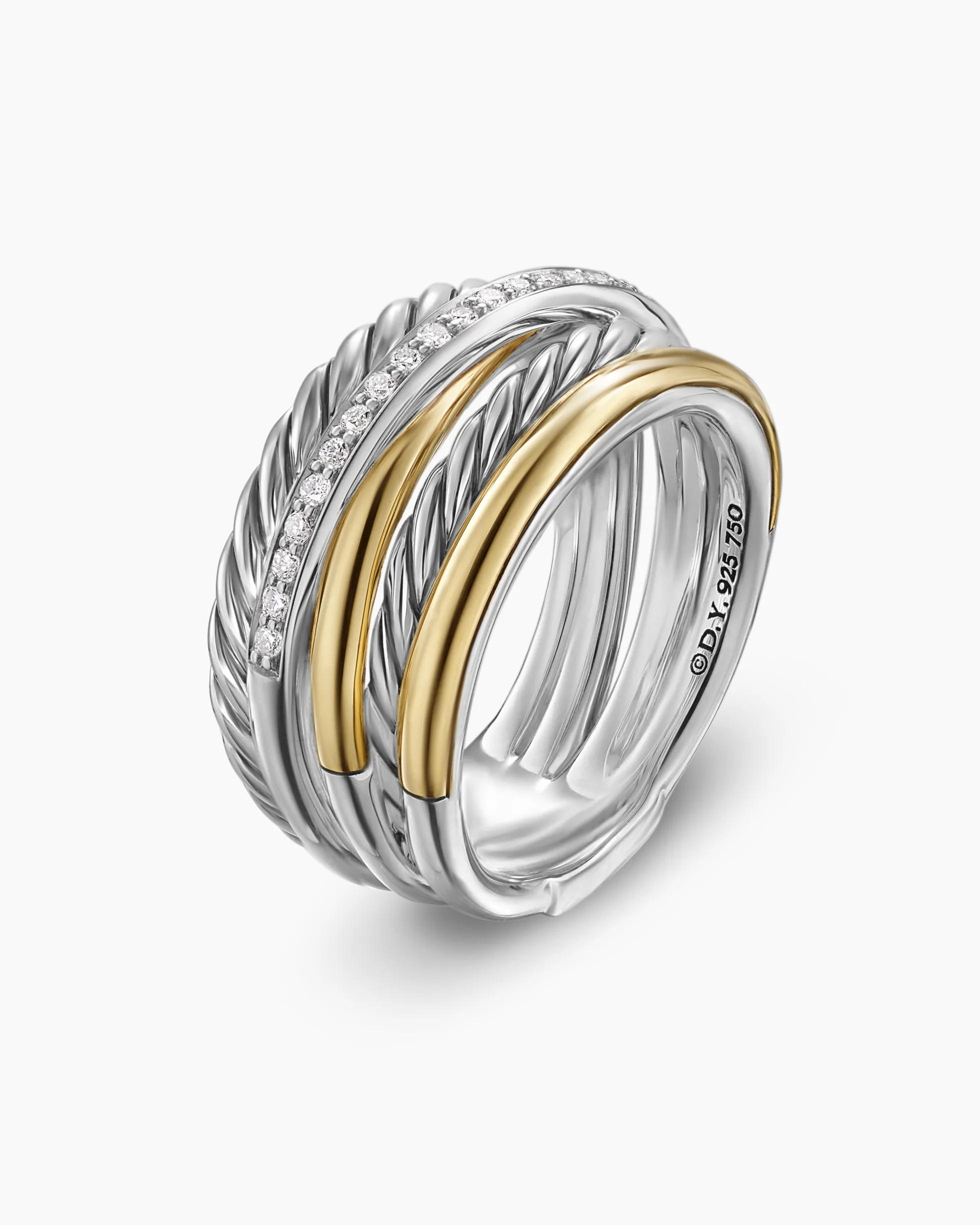 Crossover Five Row Ring Sterling Silver with 18K Yellow Gold and Diamonds, 11mm