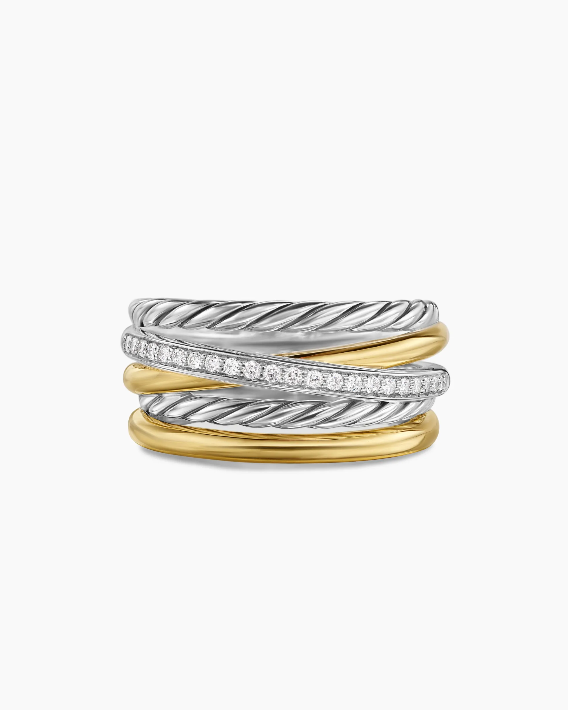 Crossover Five Row Ring Sterling Silver with 18K Yellow Gold and Diamonds, 11mm